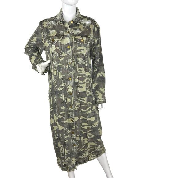 Kosmios Size M Long Jacket Camo Denim Jean Cotton Midi Ripped Distressed - Picture 1 of 6